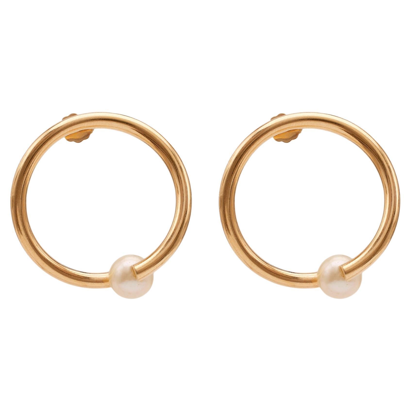 Vintage Peter Brams Pearl 14k Yellow Gold Hoop Earrings For Sale