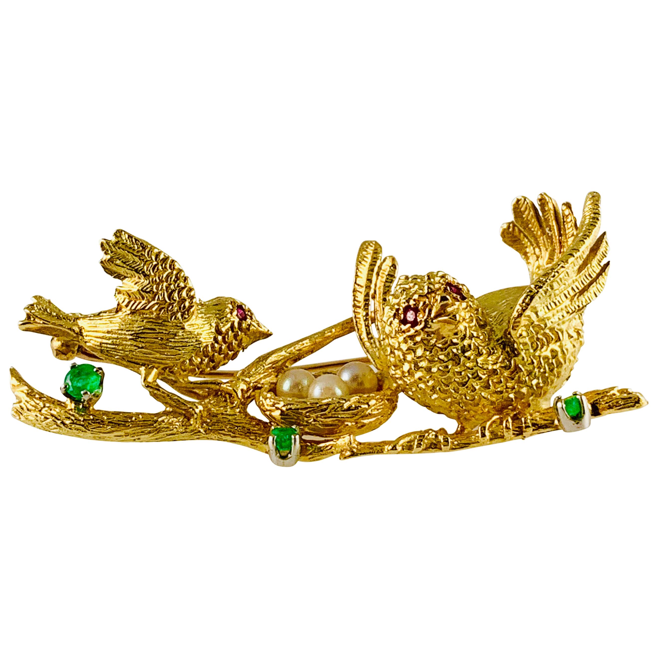 Vintage Peter Linderman 18 Karat Gold Emerald Ruby and Pearl Birds Nest Brooch