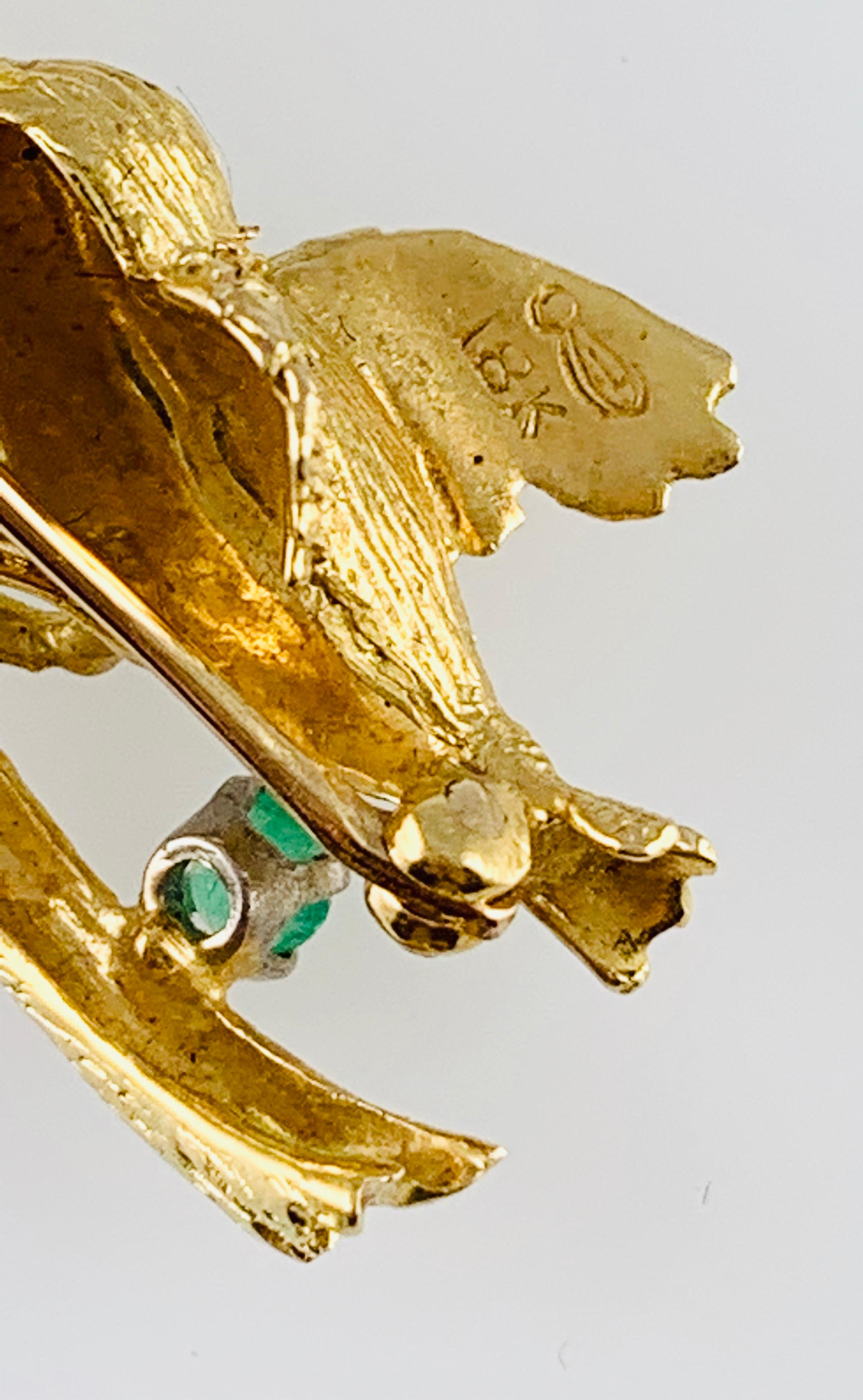 Vintage Peter Linderman 18 Karat Gold Emerald Ruby and Pearl Birds Nest Brooch 6