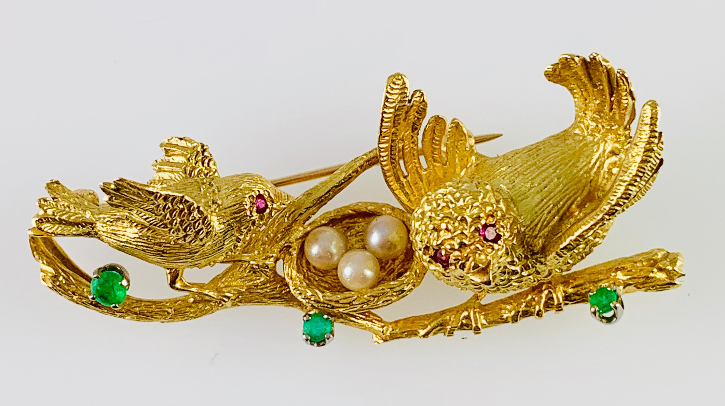 Artisan Vintage Peter Linderman 18 Karat Gold Emerald Ruby and Pearl Birds Nest Brooch