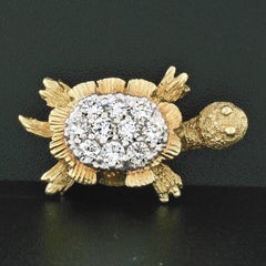 Vintage Petite 18K Yellow & White Gold 1.0ctw Diamond Textured Turtle Pin Brooch