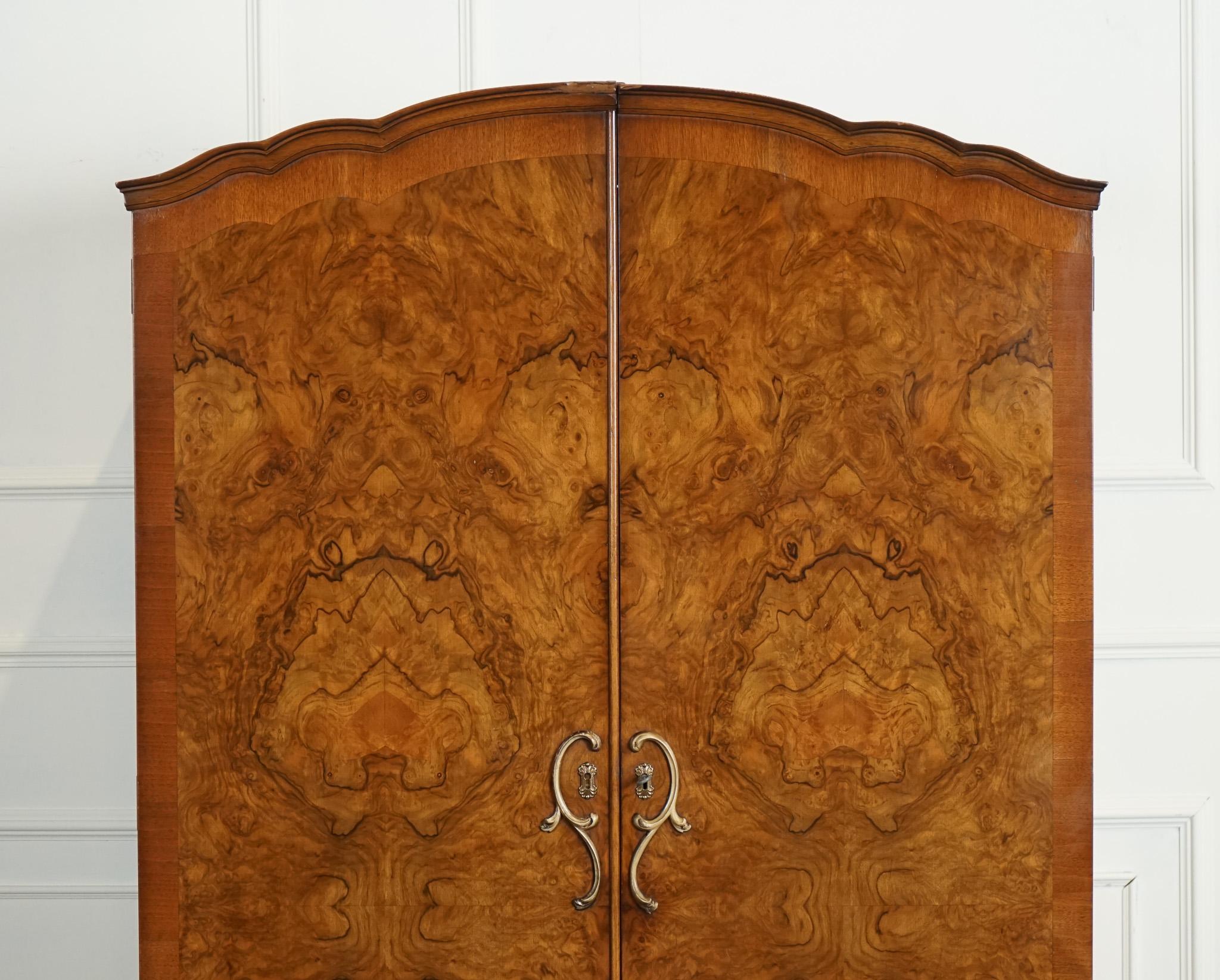 Hand-Crafted VINTAGE PETITE ART DECO 1940s BURR WALNUT WARDROBE MADE BY HEIRLOOM For Sale