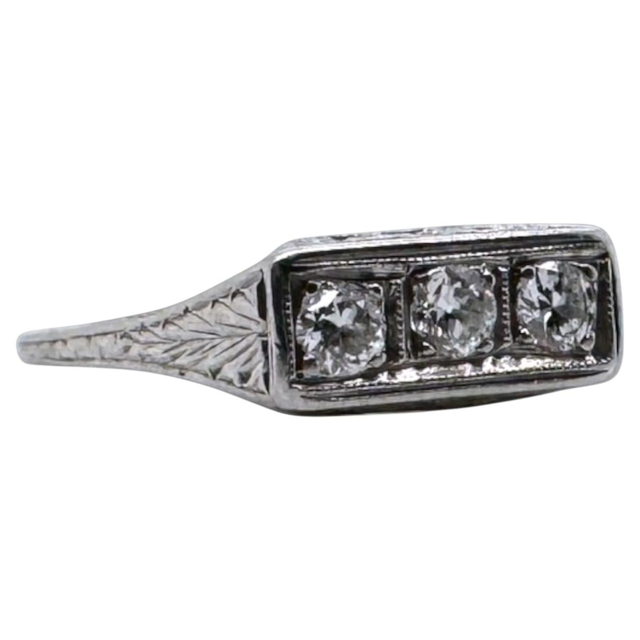 Vintage Petite Art Deco Platinum Three Stone Diamond Ring