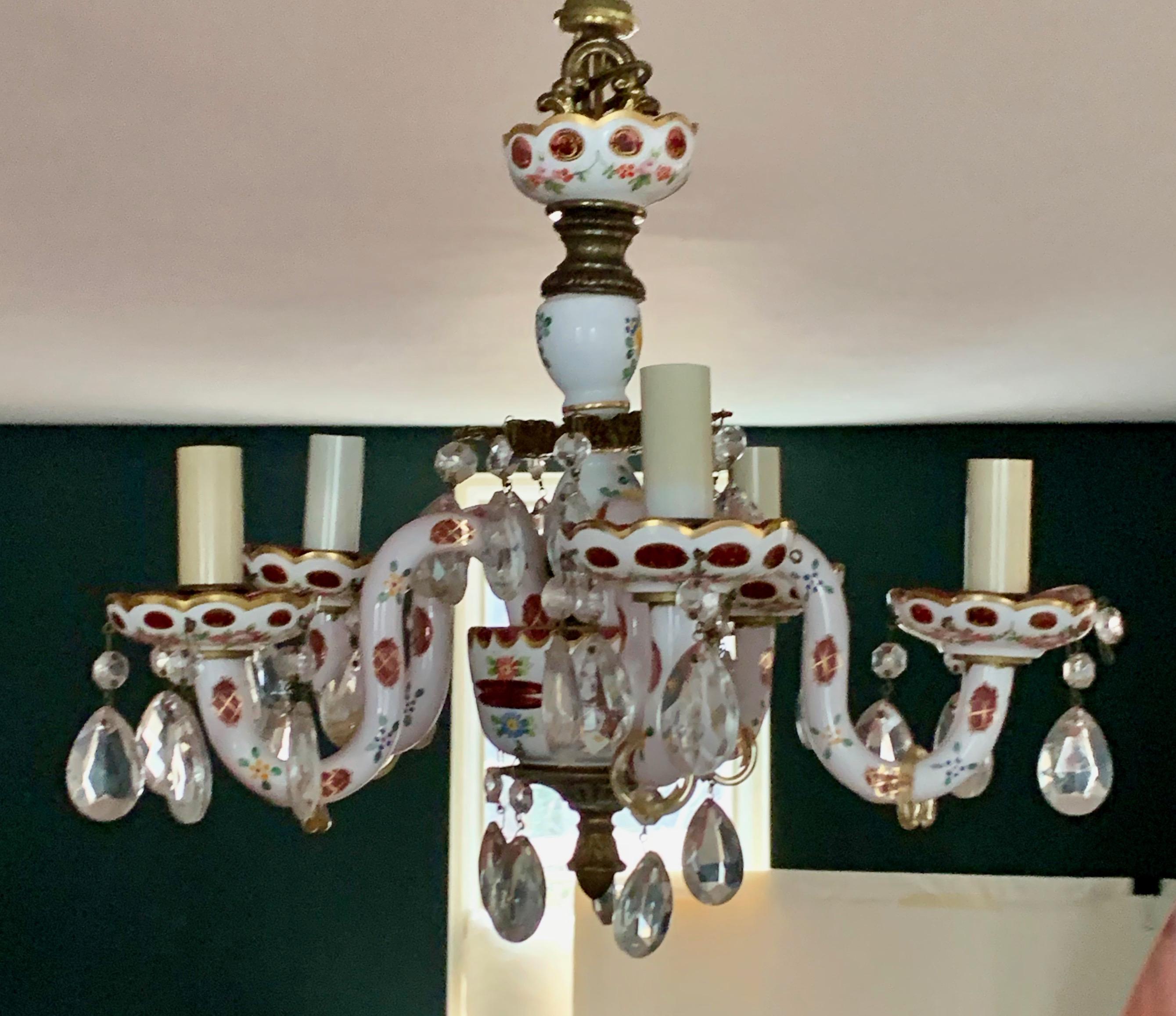 Belle Époque Vintage Petite Bavarian Porcelain Chandelier, 5 Armed, Red, Continental Lighting