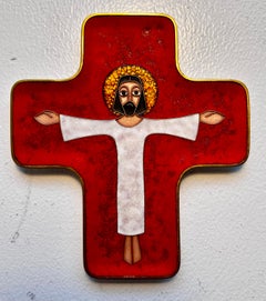 Petit crucifix vintage en laiton et émail, années 1950