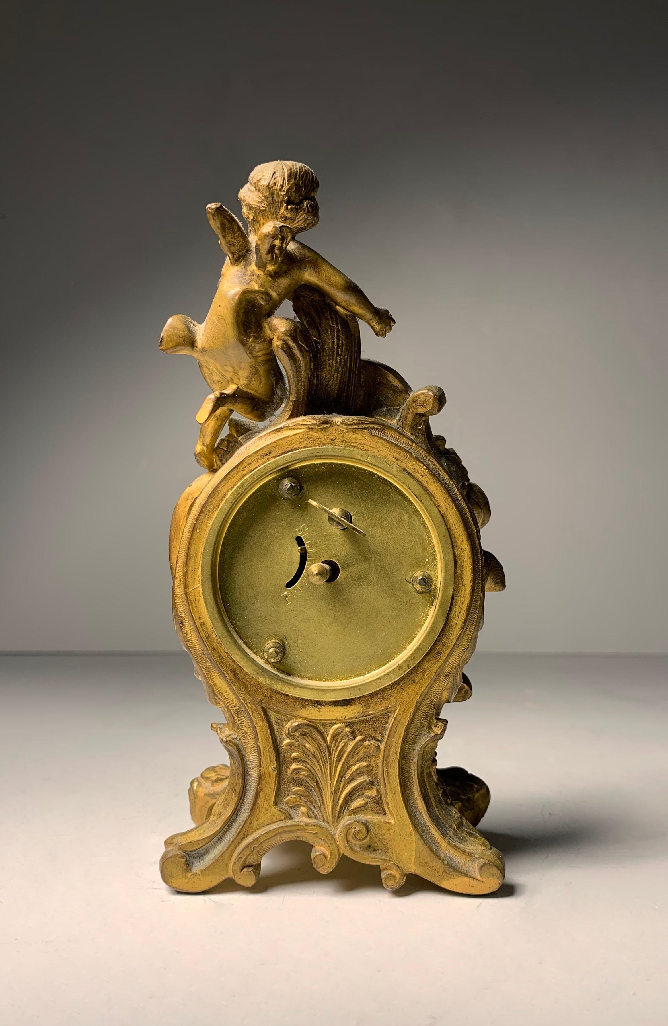 20th Century Vintage Petite French Bronze Cherub Ormolu Rococo Louis XV Style Clock For Sale