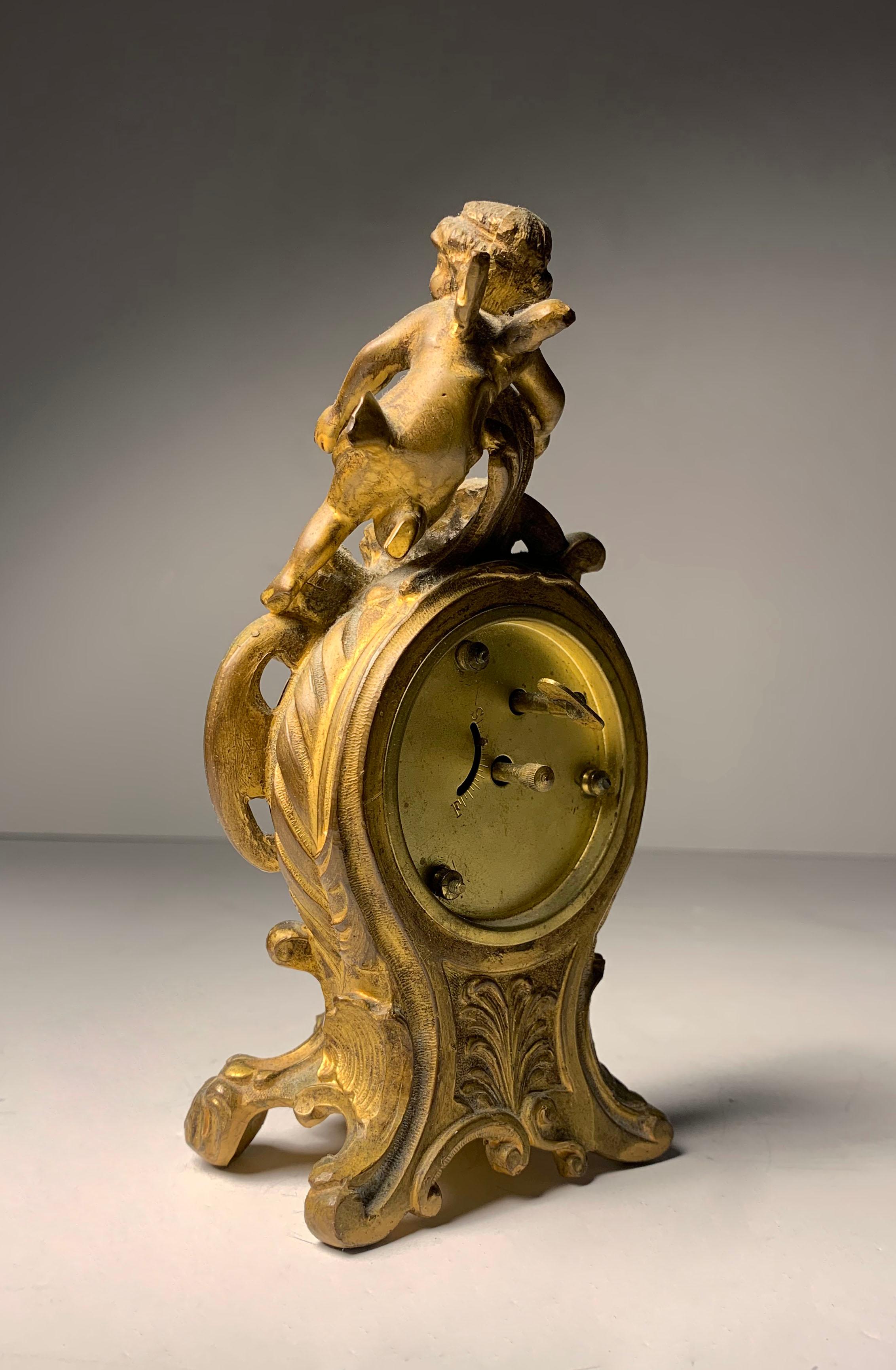 Vintage Petite French Bronze Cherub Ormolu Rococo Louis XV Style Clock For Sale 1