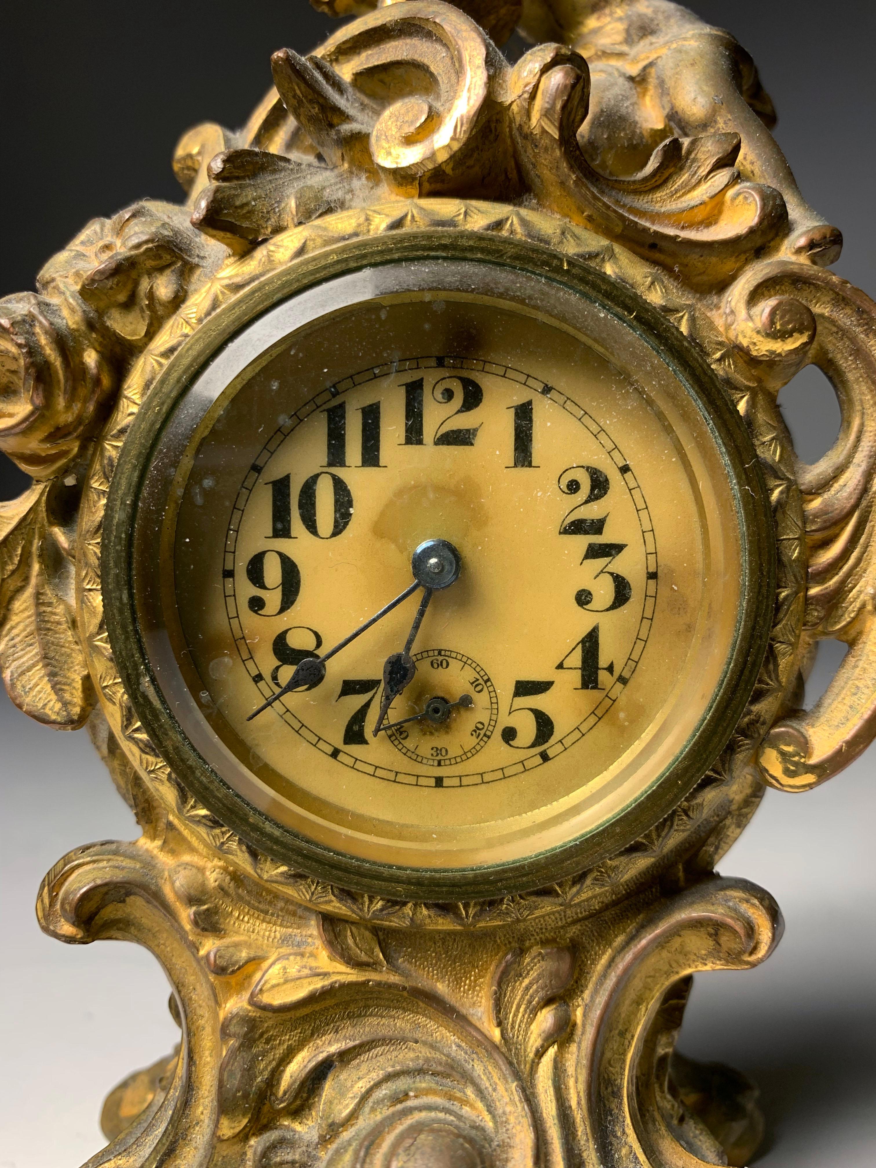 Vintage Petite French Bronze Cherub Ormolu Rococo Louis XV Style Clock For Sale 4