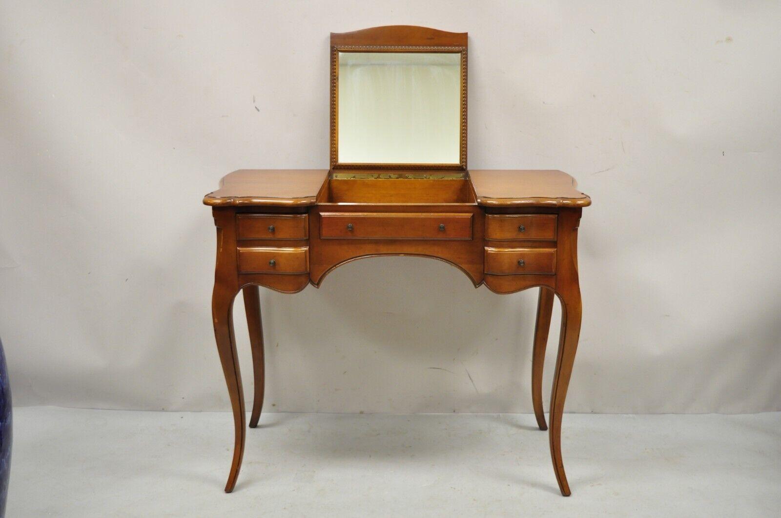 Vintage Petite French Provincial Style Cherry Flip Top Vanity Table with Mirror 5