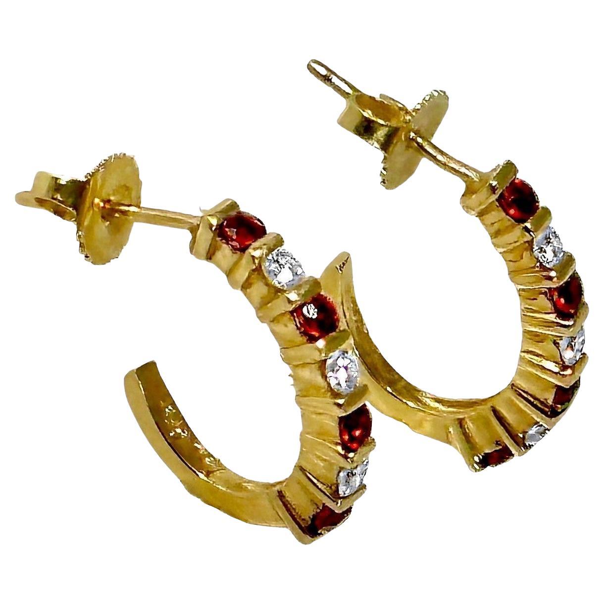 Vintage, Petite, Gem-Lok Set Gold, Ruby and Diamond Hoop Earrings For Sale