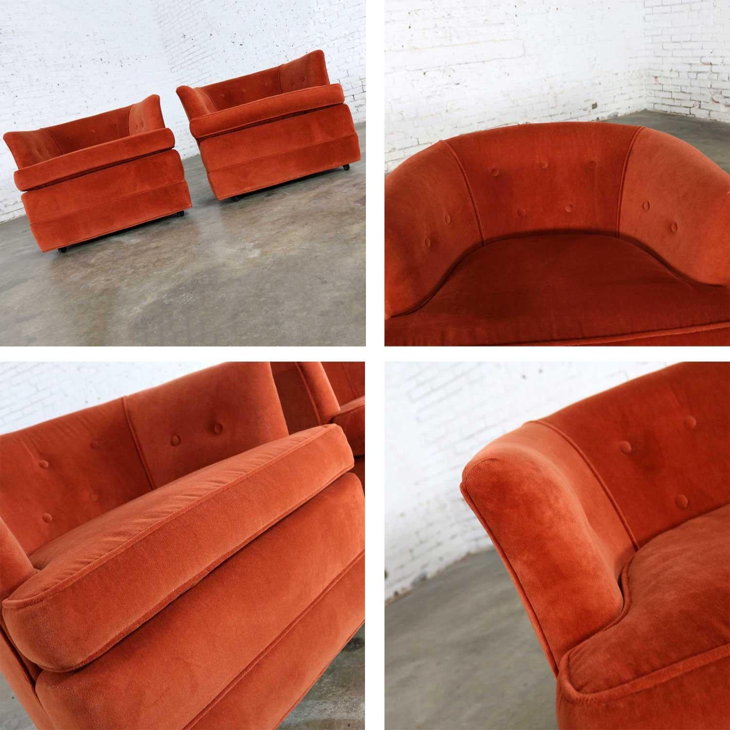 Vintage Petite Pair Hollywood Regency MCM Barrel Chairs Burnt Orange on Casters 2