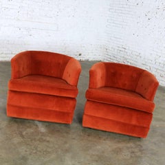 Vintage Petite Pair Hollywood Regency MCM Barrel Chairs Burnt Orange on Casters