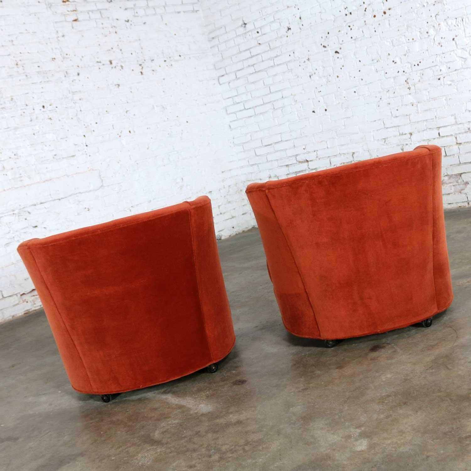 Velvet Vintage Petite Pair Hollywood Regency MCM Barrel Chairs Burnt Orange on Casters