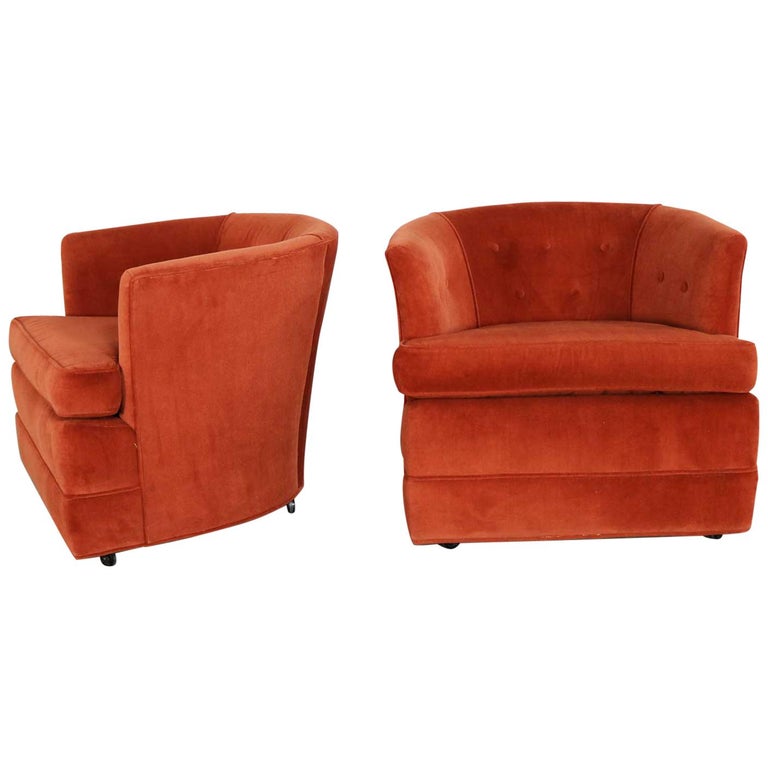 Vintage Petite Pair Hollywood Regency Mcm Barrel Chairs Burnt Orange On Casters For Sale At 1stdibs