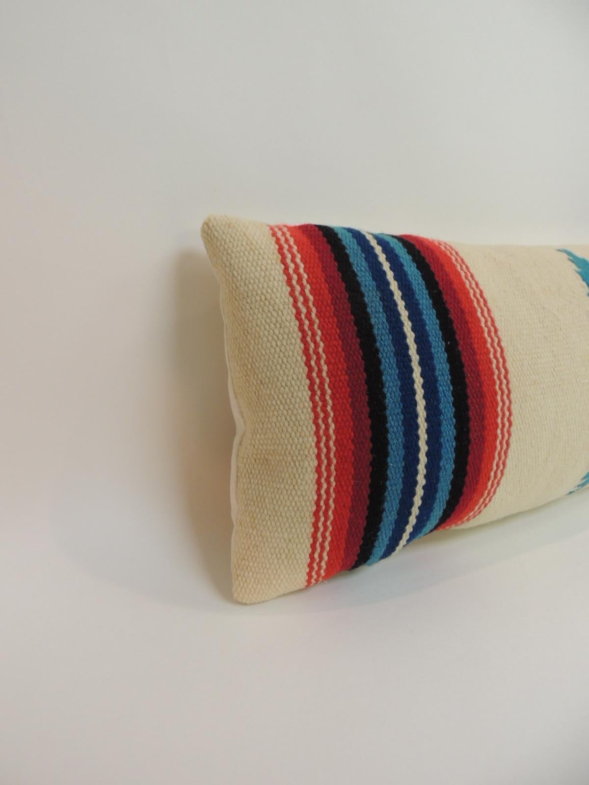 Vintage petite Southwestern woven wool decorative lumbar pillow.
Vintage petite Southwestern style stripe woven wool decorative lumbar pillow. Decorative lumbar cushion finished with natural linen backing. In shades of yellow, blue, royal blue,