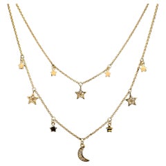 Vintage Petite Sun, Moon and Stars Diamond Station Double Row Gold Necklace