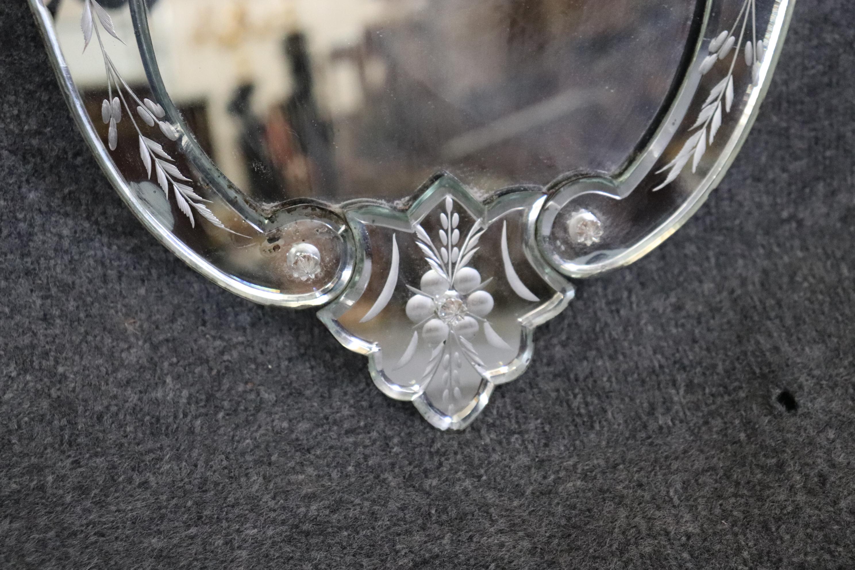 20th Century Vintage Petite Venetian Etched Glass Wall Hanging Mirror For Sale