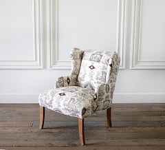 Vintage Petite Wing Chair Upholstered in Brown Toile Fabric