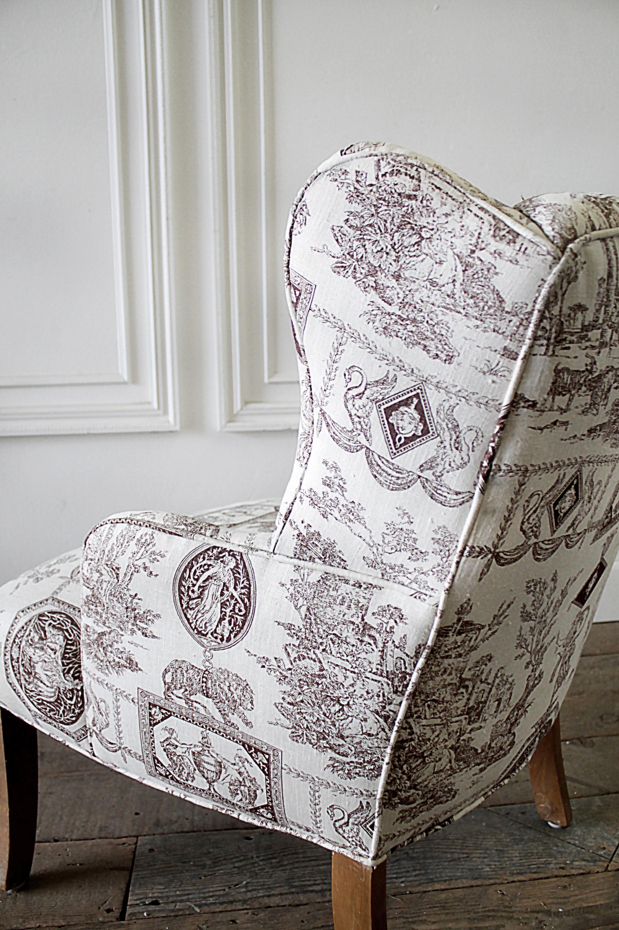 Vintage Petite Wing Chair Upholstered in Brown Toile Fabric 1