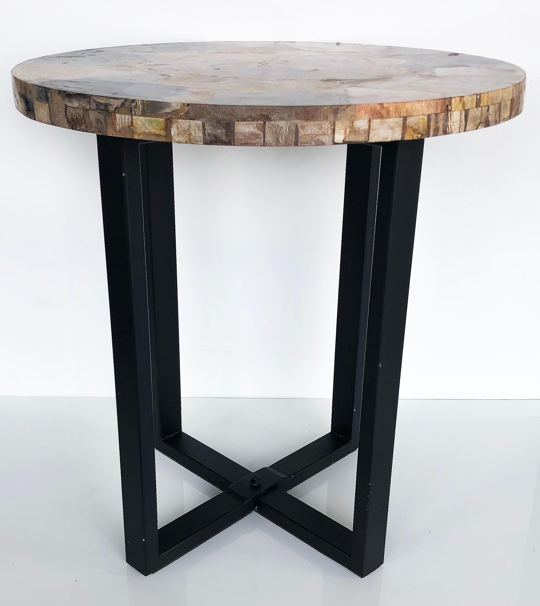 Vintage Petrified Wood Side Table on a Metal Base 1