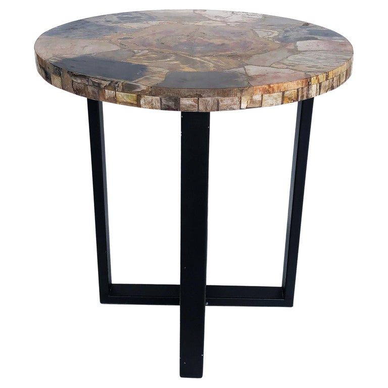 Vintage Petrified Wood Side Table on a Metal Base