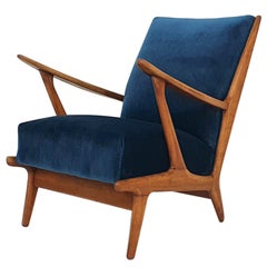 Vintage Petrol Velvet Lounge Chair, The Netherlands, 1960s