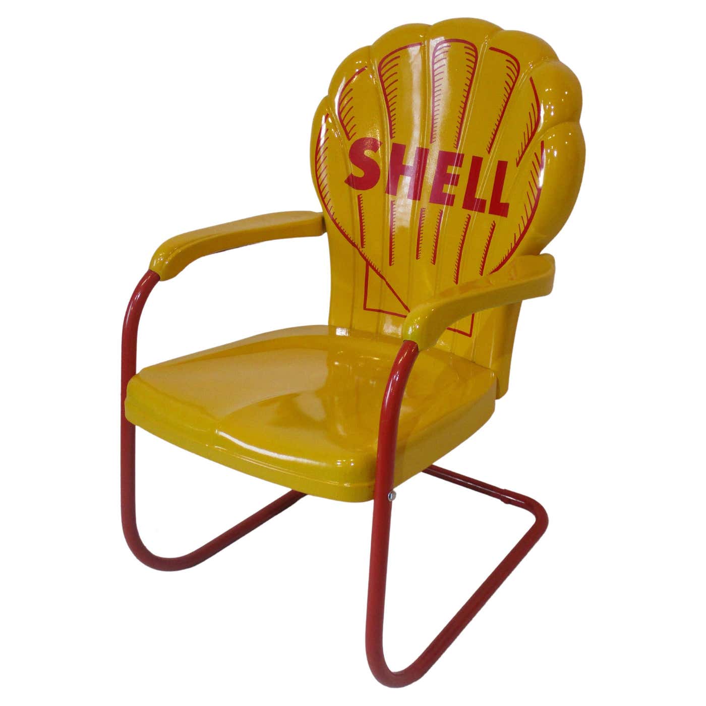 Shell Chair Bench Vintage Petroliana Metal Shell Oil Gas Station Chair at 1stDibs