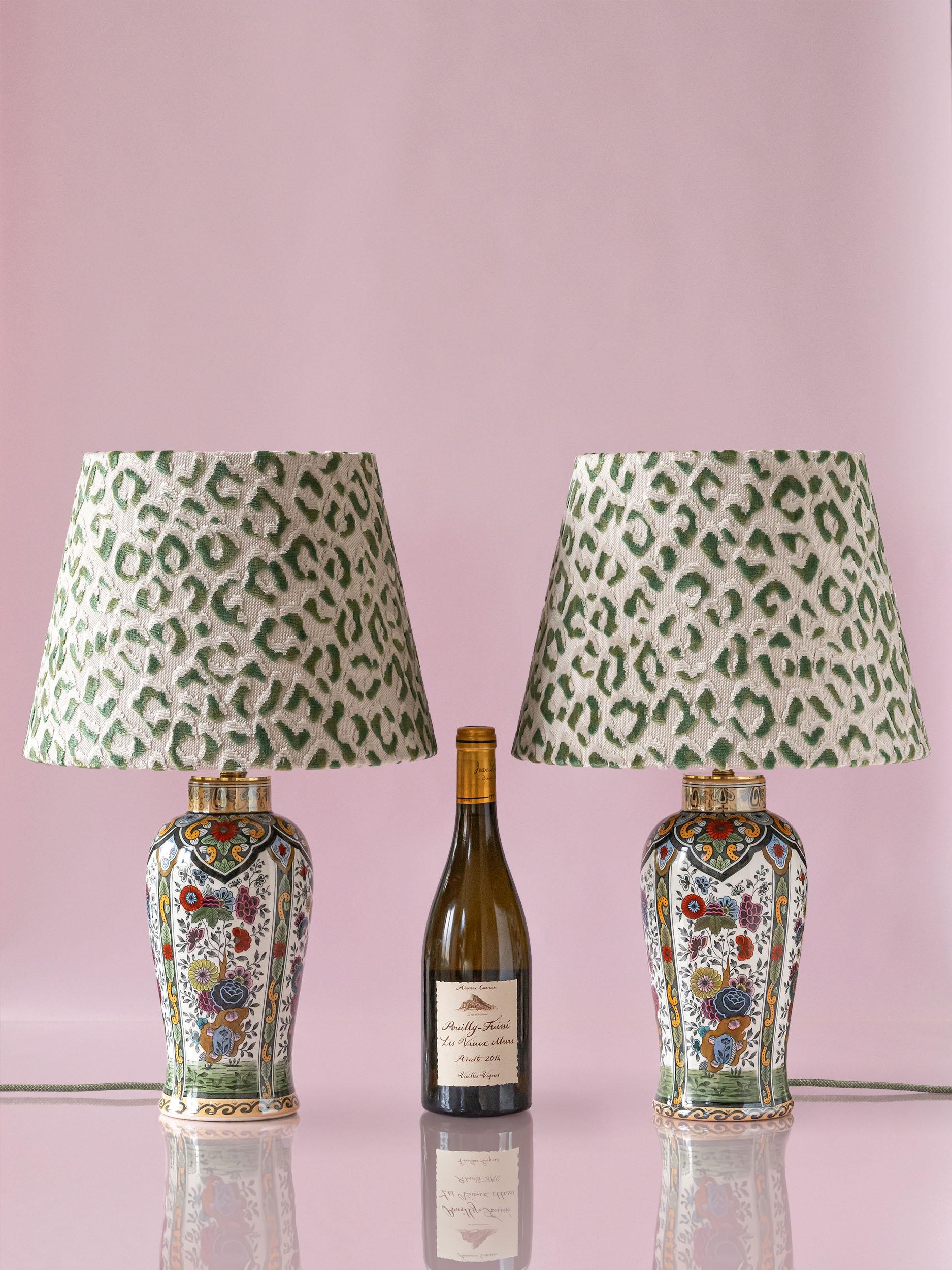 Bohemian Vintage Petrus Regout De Sphinx Vase Lamps, Leopard Print Shades For Sale