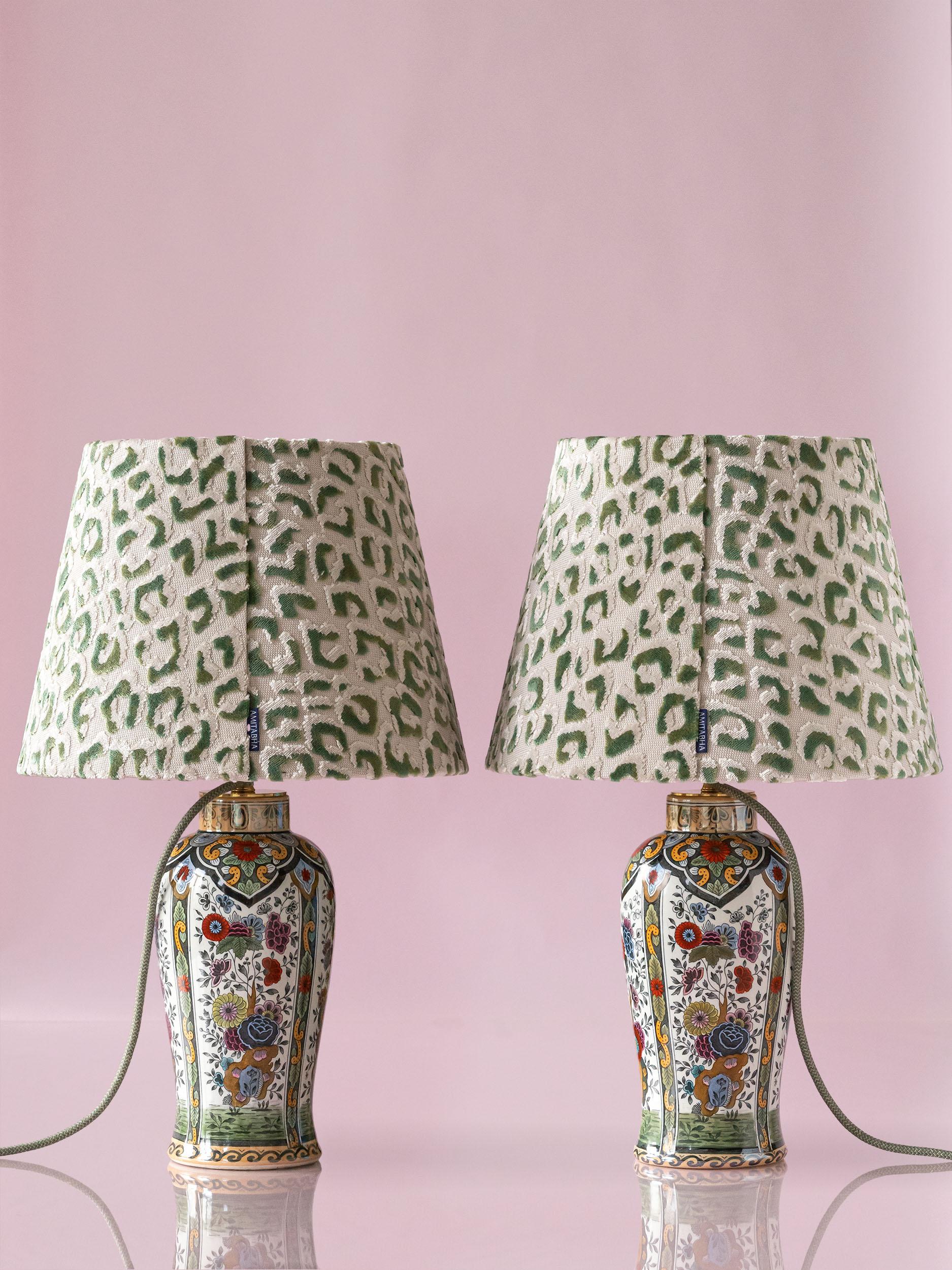 Dutch Delft Polychrome Table Lamps with New Leopard Print Shades, De Sphinx, Set of 2