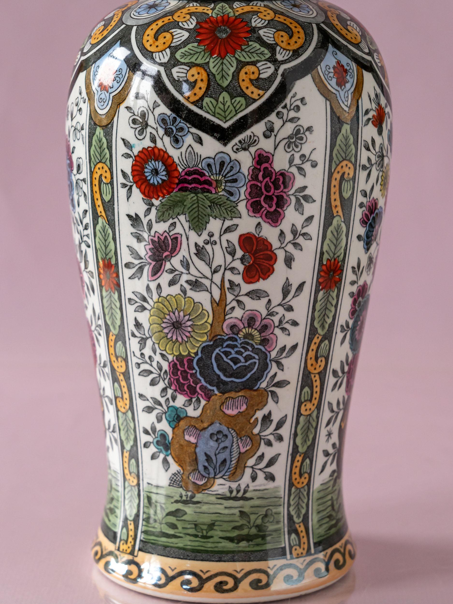 20th Century Vintage Petrus Regout De Sphinx Vase Lamps, Leopard Print Shades For Sale