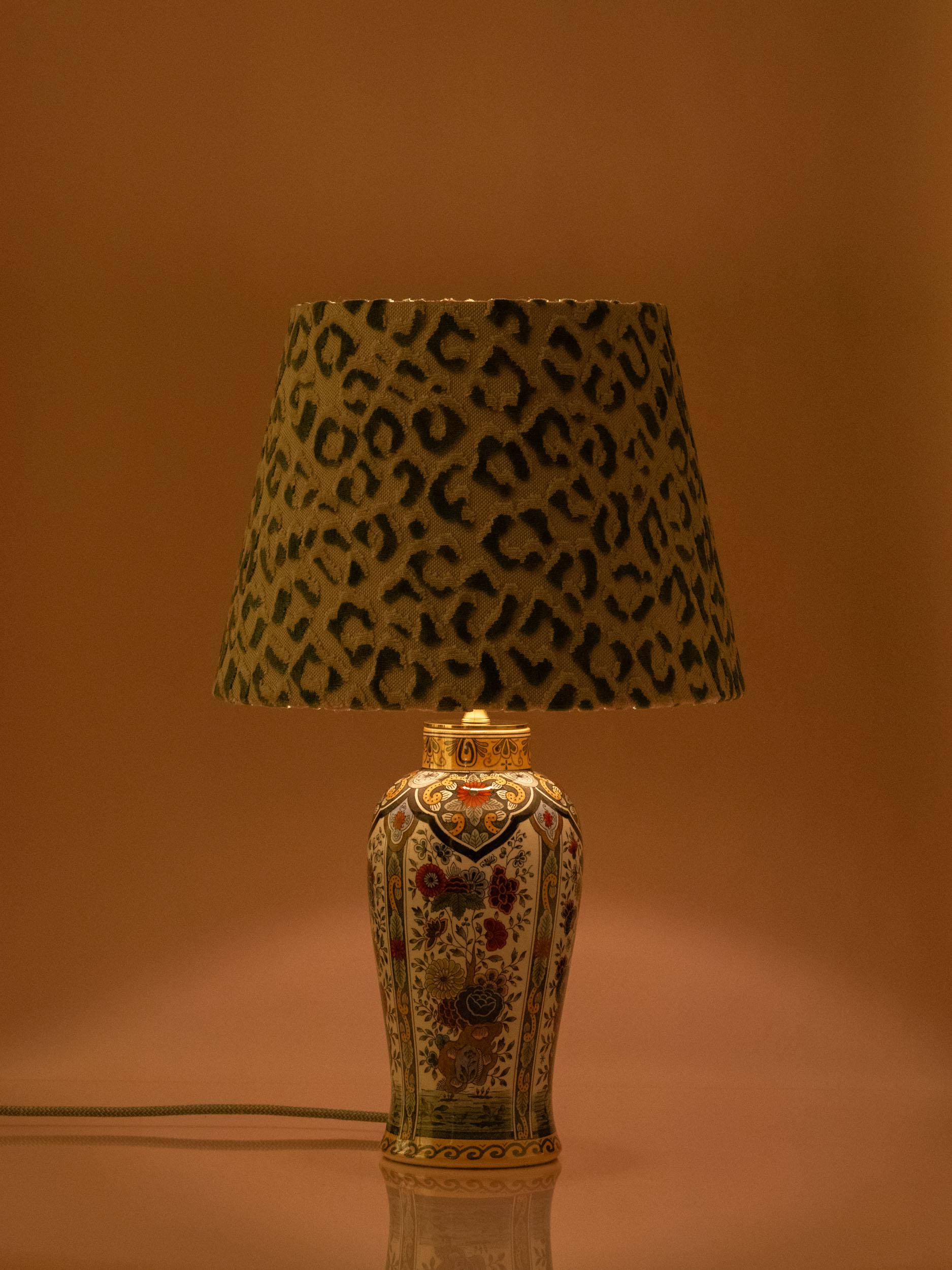 Vintage Petrus Regout De Sphinx Vase Lamps, Leopard Print Shades For Sale 1
