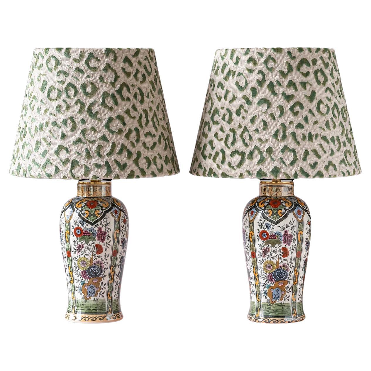 Vintage Petrus Regout De Sphinx Vase Lamps, Leopard Print Shades For Sale