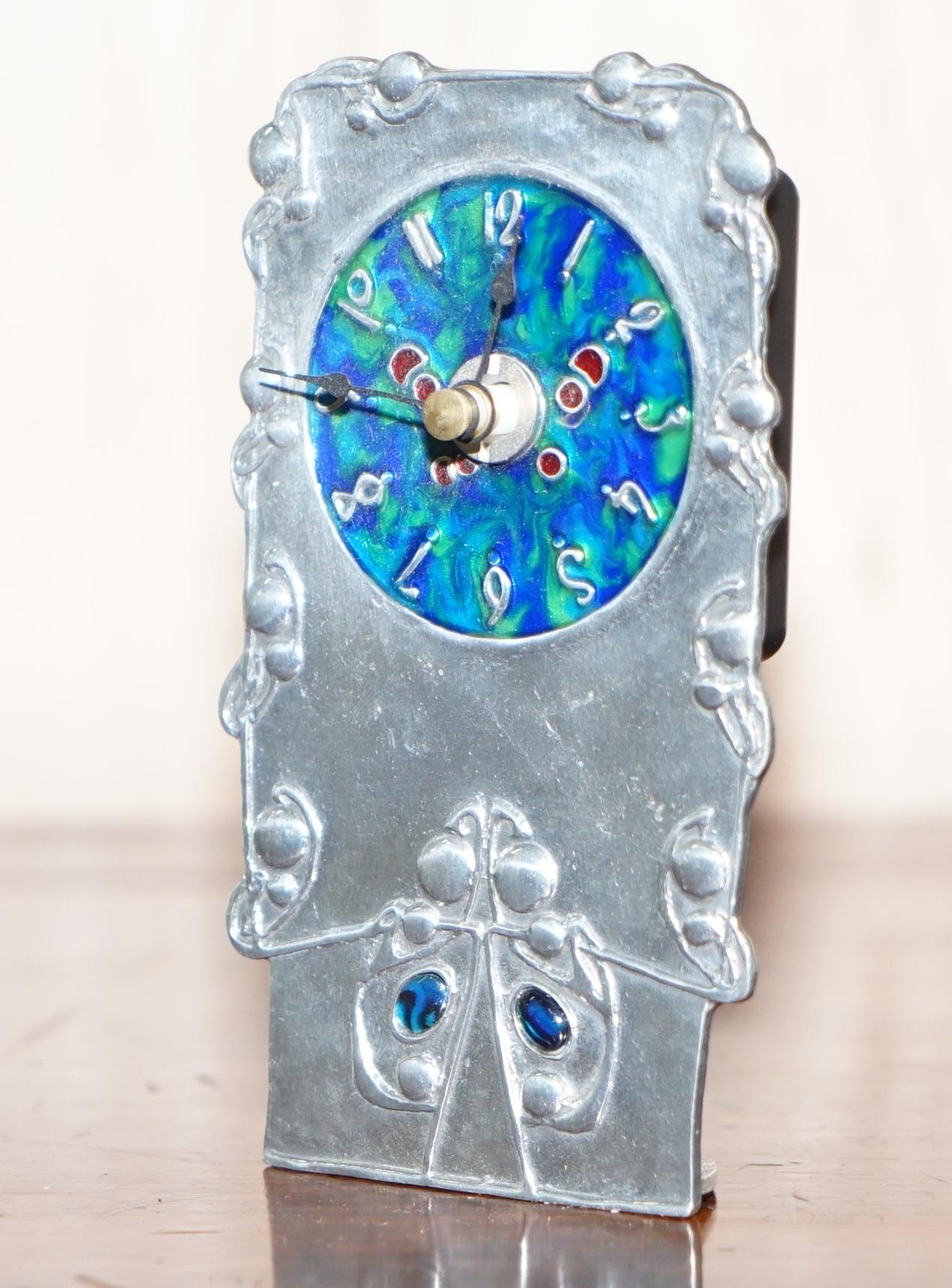 Modern Vintage Pewter and Enamel Mantle Clock with Lovely Blue Dial Hallmarked Inside