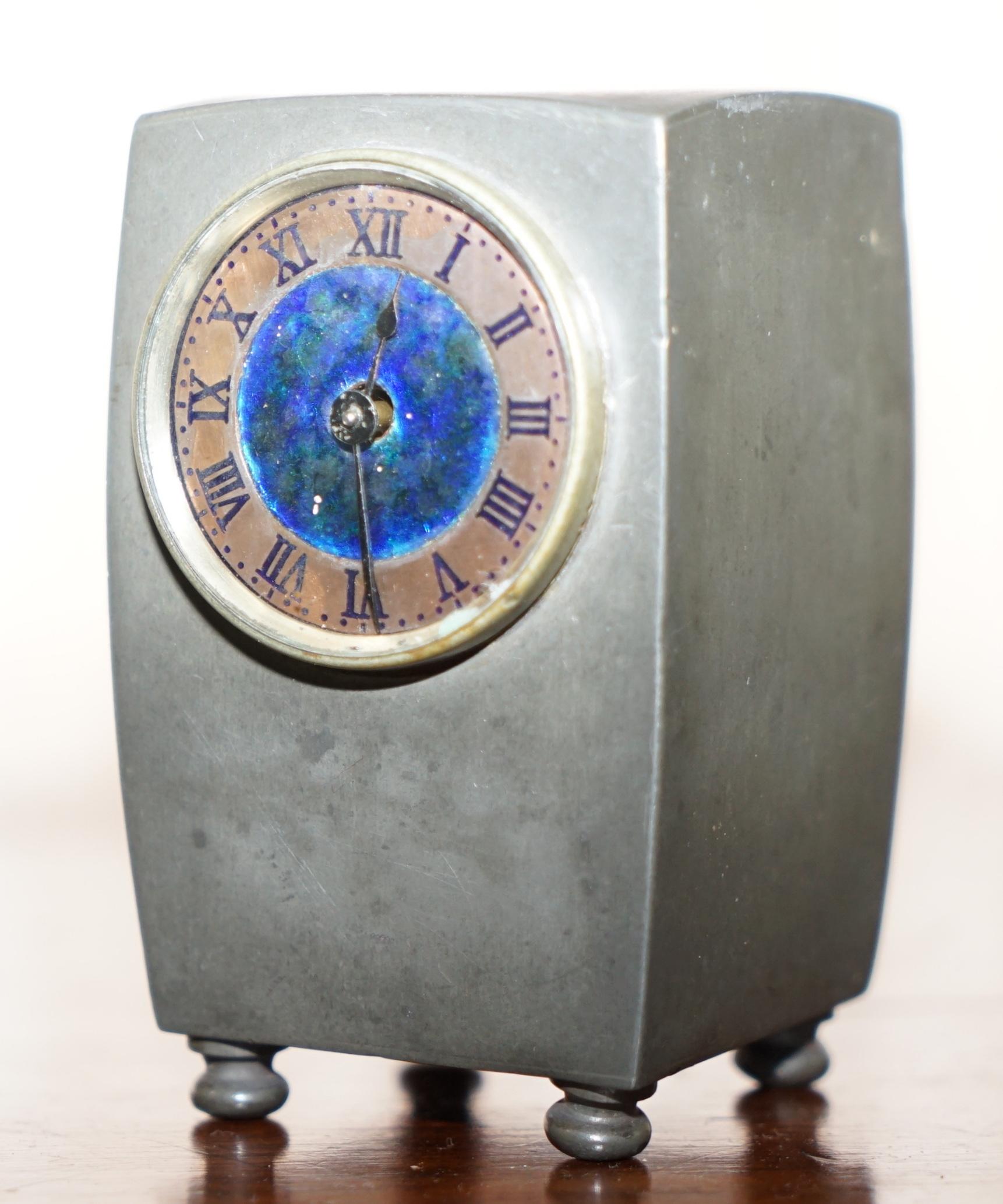 Victorian Vintage Pewter and Enamel Mantle Clock with Lovely Blue Dial Hallmarked Inside