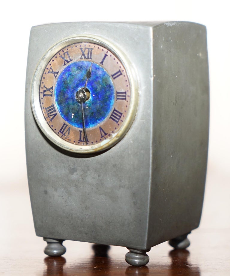 Vintage Pewter and Enamel Mantle Clock with Lovely Blue Dial Hallmarked Inside For Sale at 1stDibs