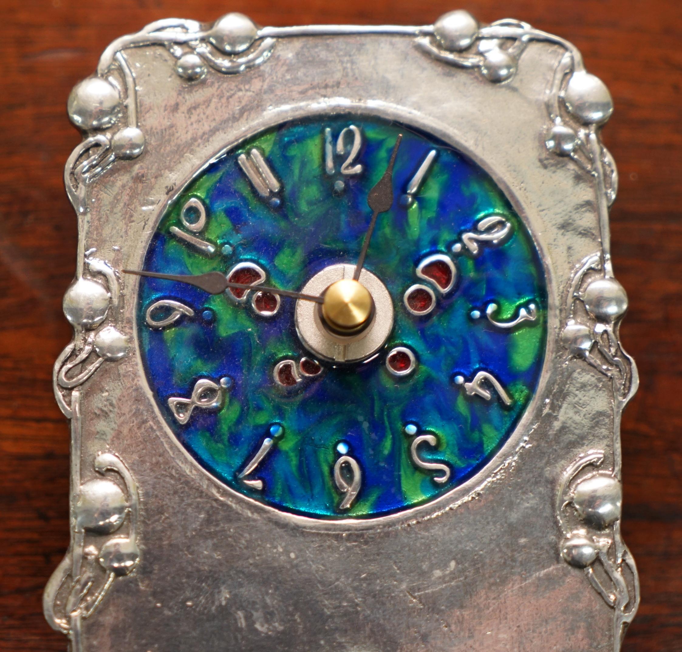 English Vintage Pewter and Enamel Mantle Clock with Lovely Blue Dial Hallmarked Inside