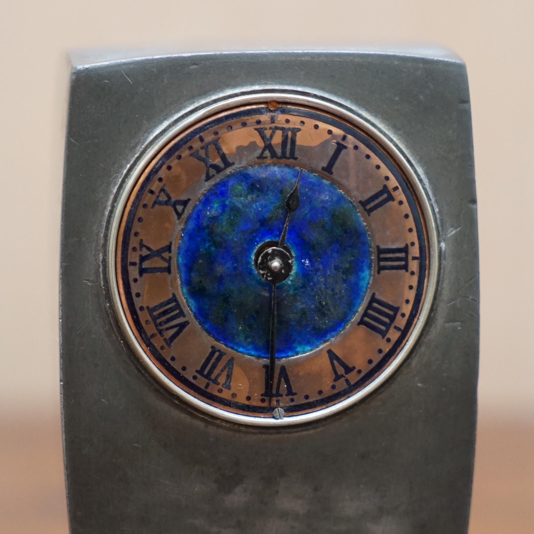 Hand-Crafted Vintage Pewter and Enamel Mantle Clock with Lovely Blue Dial Hallmarked Inside