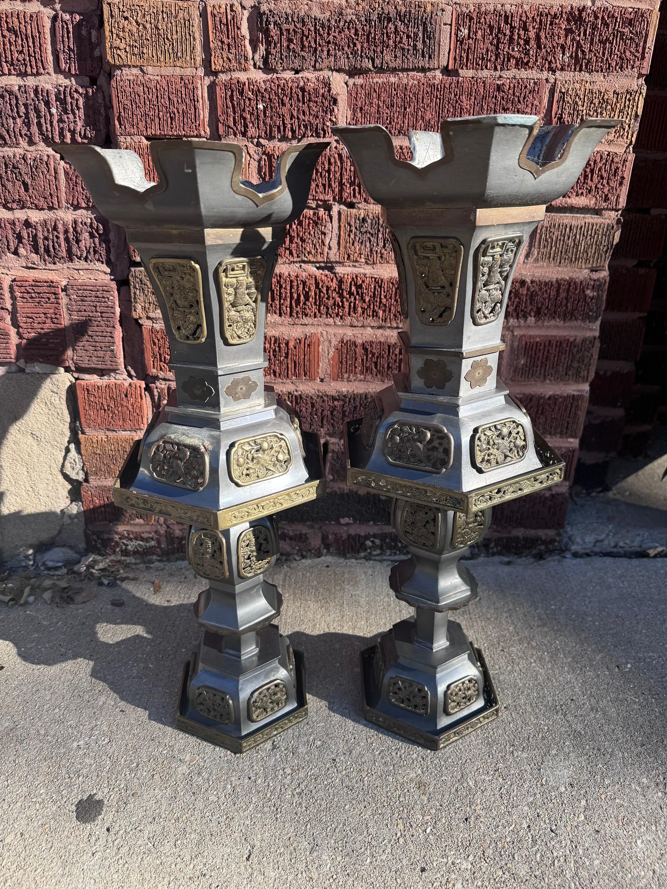 Vintage Pewter and Gilt Chinese Temple Candlesticks - Pair In Good Condition For Sale In Chicago, IL