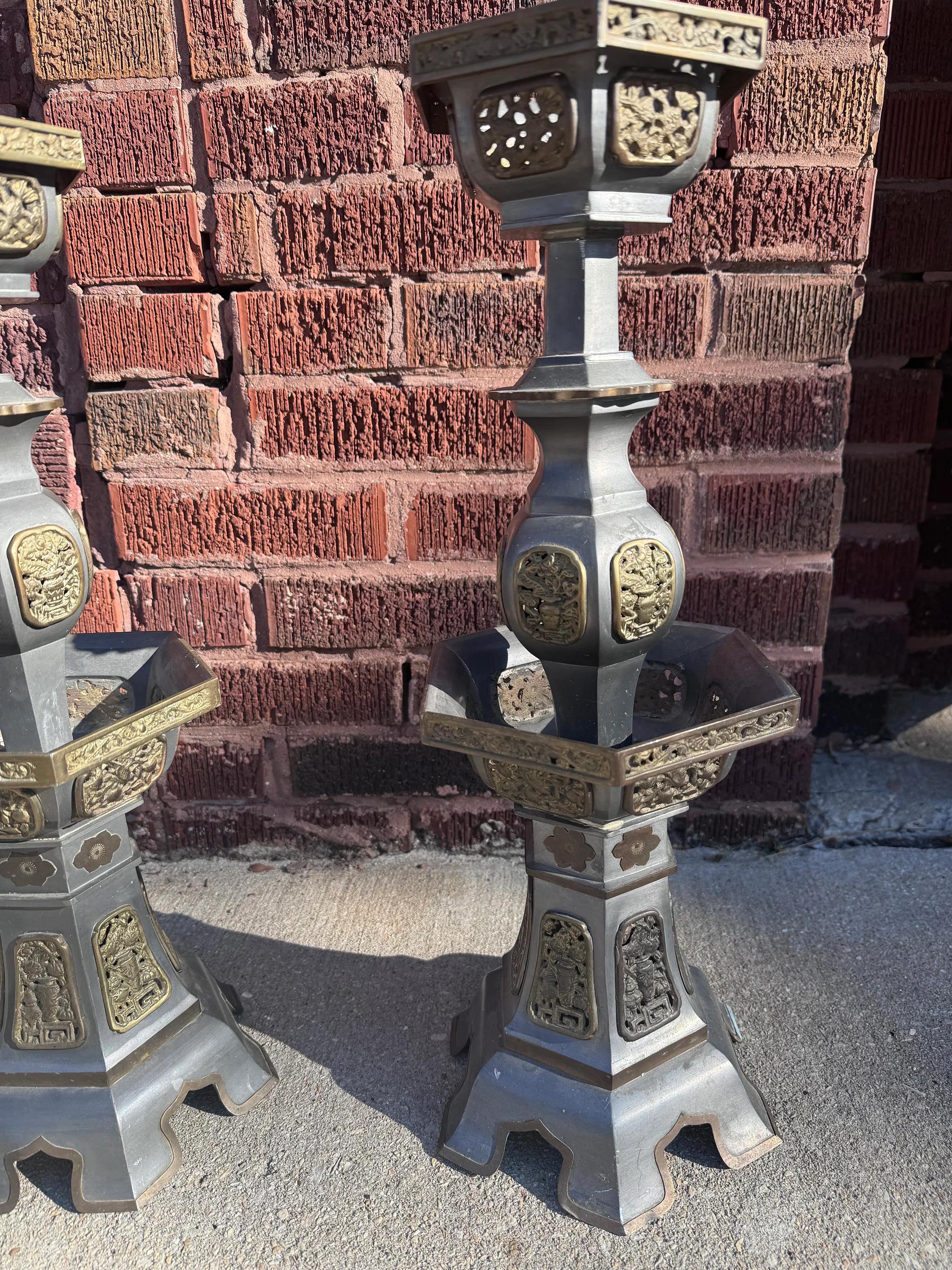Vintage Pewter and Gilt Chinese Temple Candlesticks - Pair For Sale 4