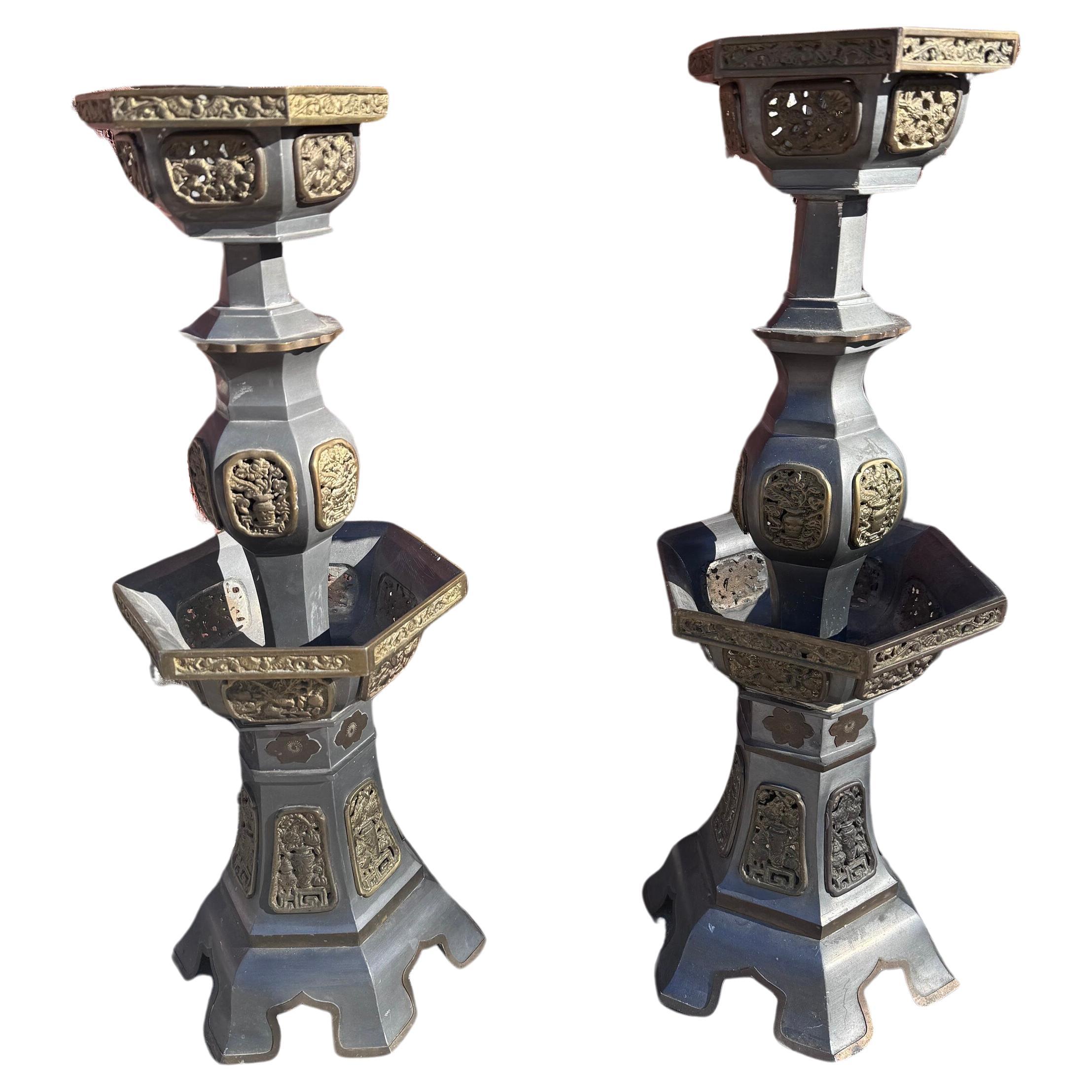 Vintage Pewter and Gilt Chinese Temple Candlesticks - Pair For Sale