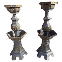 Vintage Pewter and Gilt Chinese Temple Candlesticks - Pair