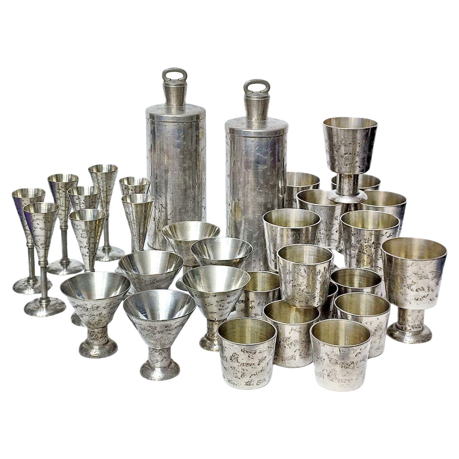 Vintage Pewter Cocktail Shaker Set of 32 Pieces, Viking Style, Norway 1970s For Sale