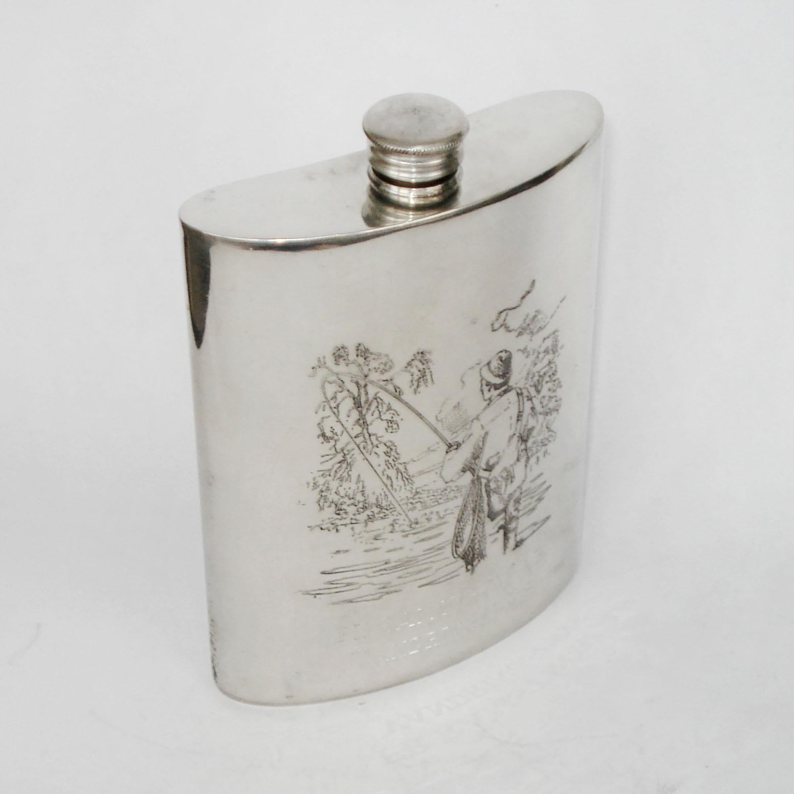 Vintage pewter hip flask Engraved Décor, Sweden 1950s. Fisherman decor to the front, jumping fishes to the backside. Marked to the bottom with maker's mark. In very good used condition, with minimal wear.
Dimensions: height 13.5 cm, width 10 cm,