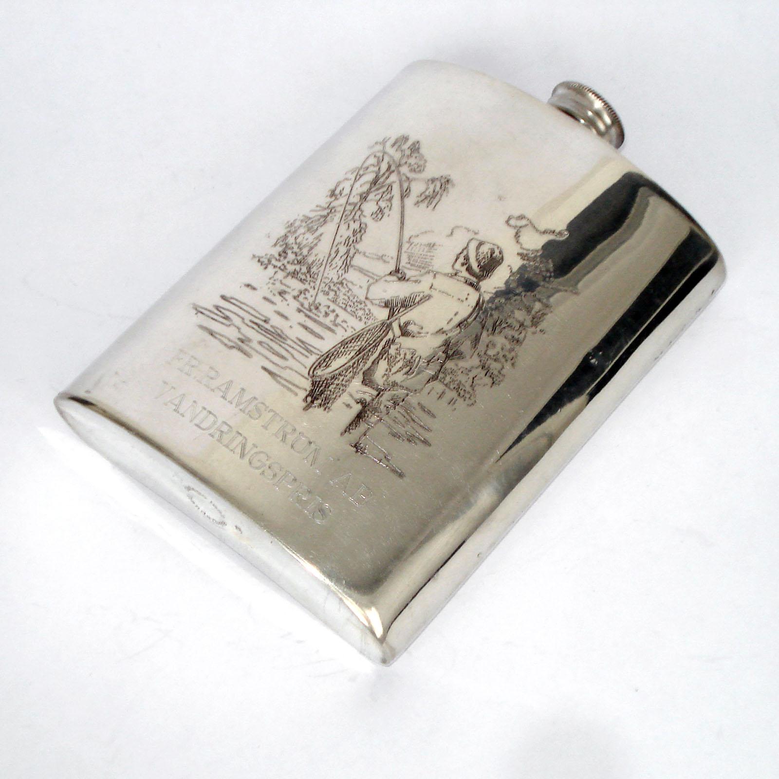 Vintage Pewter Hip Flask Fishing Décor, Sweden, 1950s In Good Condition In Bochum, NRW