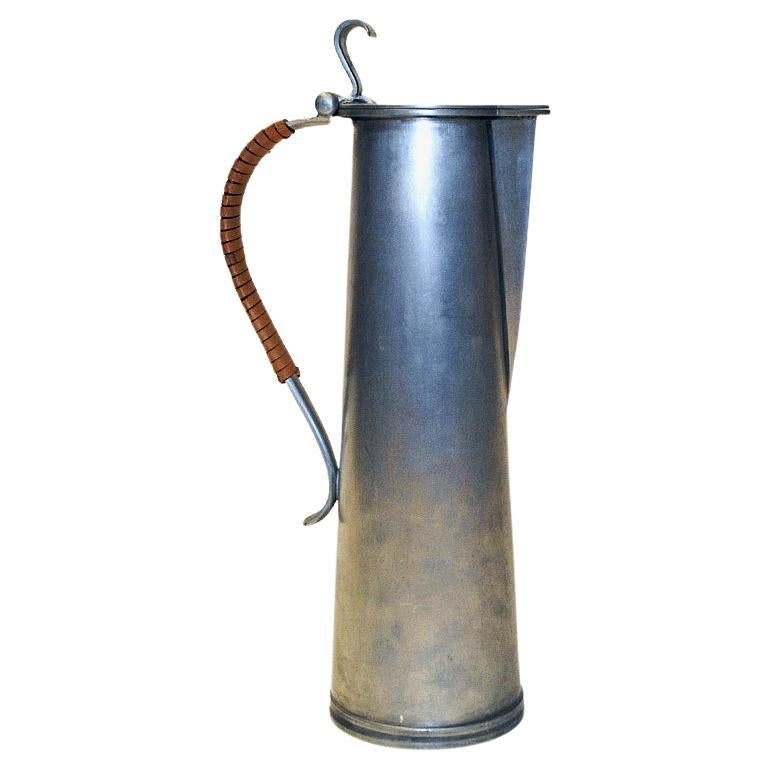 Vintage pewter jug with leather handle by Gunnar Havstad, Norway 1950s For Sale