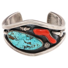 Vintage Phil T. Navajo Sterling Silver Turquoise and Coral Cuff Bracelet