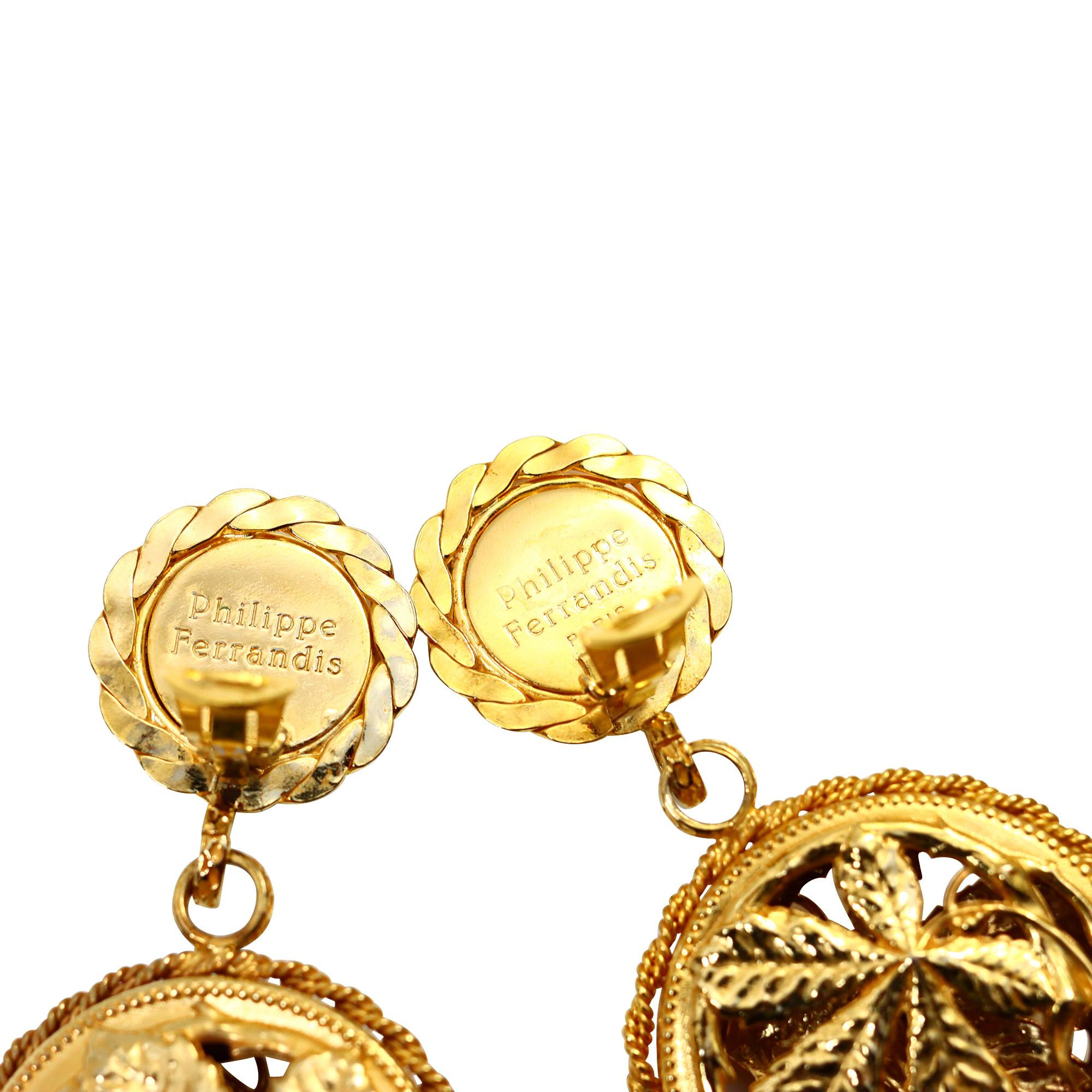 Vintage Philipe Farrandis Dangling Gold Tone Earrings, circa 1980s For Sale 1