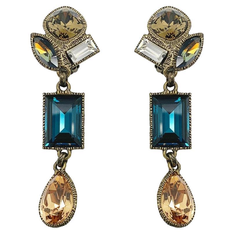 Vintage Philippe Ferrandis Citrine & Sapphire Glass Earrings 1990s For Sale