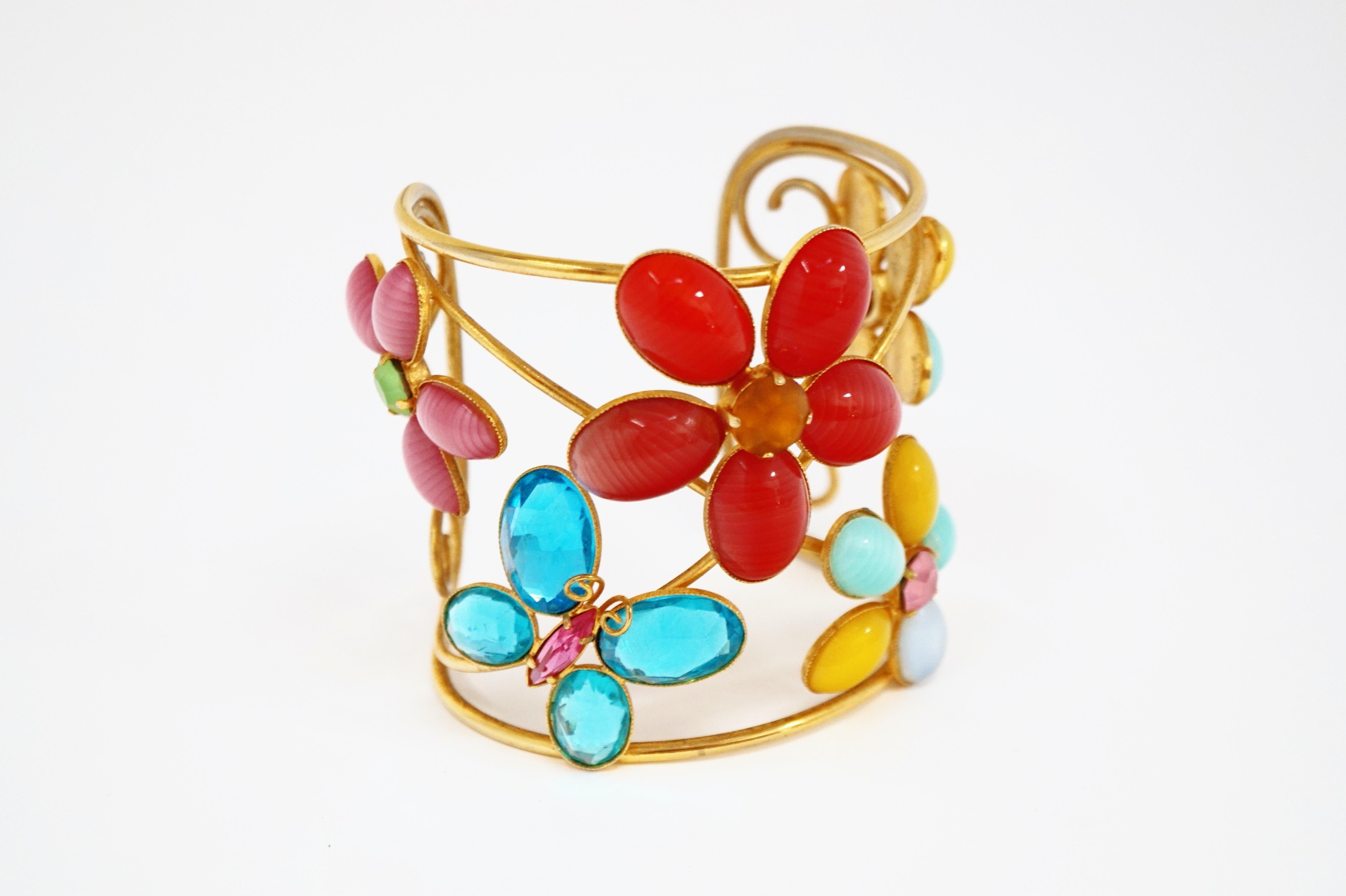 Women's Vintage Philippe Ferrandis Gripoix Flower Runway Cuff Bracelet, circa 1980s For Sale