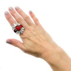 Vintage Philippe Ferrandis Red & White Crystal Cocktail Ring 1990s